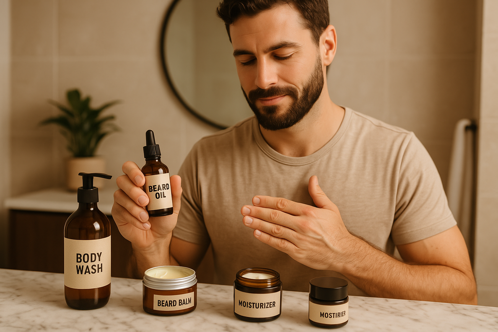 A handsome man in his 30s with a well-groomed beard applying natural body products in a modern bathroom setting
