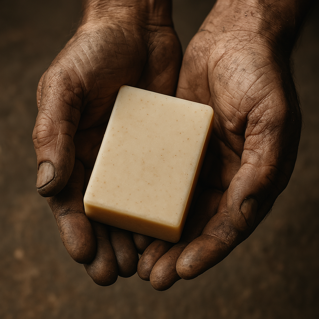 Brown hands holding a bar of soap against a brown background